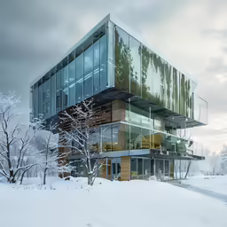 a large building with glass windows on a snowy day