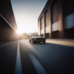 the front end of an old ford mustang in motion