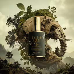 a bottle is surrounded by plants and rocks