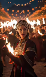 a woman dressed in a turban and a headdress holds lit torches at a festival