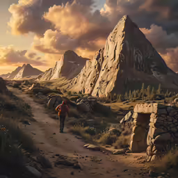 a man hiking uphill in a mountainous area