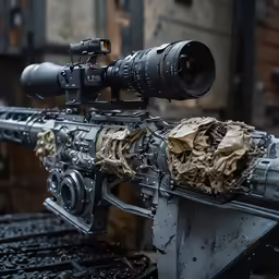 a machine gun with multiple rifles and scopes attached