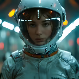 the woman in a space suit and helmet stares ahead