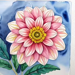 a watercolor drawing of a pink and white flower on a blue background,a pink flower with green leaves on the outside,painting with watercolor and gouache flowers by artist susan koll,the painting is hand painted with watercolor and it shows a colorful flower with a large pink flower center,this is an image of a watercolor drawing of a pink flower