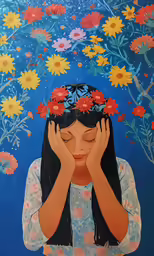 a painting of a girl with long hair holding her hands to her face