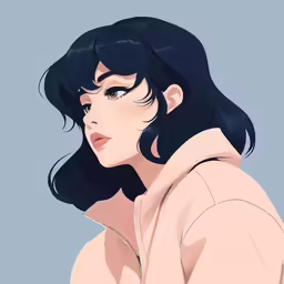 an anime girl with black hair wearing a hoodie