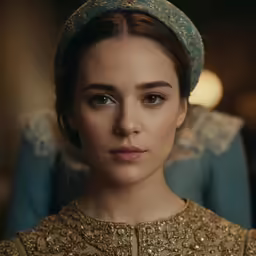 a woman is wearing gold on her head