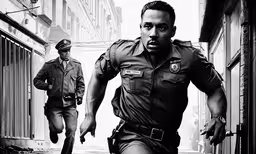 a man is running while another man is going by,a man in uniform running on a street