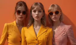 three women in sunglasses and a yellow jacket standing against an orange wall