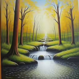 painting of a path through a green forest by water,a painting of an stream through a wooded area,a painting of a small river with trees,an image of a painting on the wall,painting on canvas of a stream in a forest