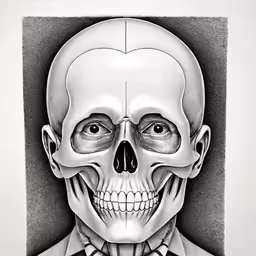 a drawing of a skeleton with his head resting on his hands