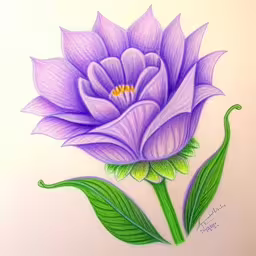 a drawing of a flower on white paper,a picture of a flower painted in pastel,there is a drawing of flowers in the picture,purple flower with green leaves on white background,a blue flower with green leaves in the center