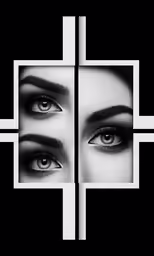 a cross on the wall next to two blue eyes