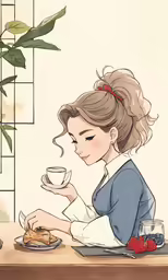 a drawing of a woman sitting in front of a plate of food