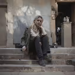 a woman is sitting on some stairs