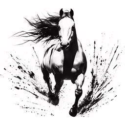 black and white photograph of horse galloping with wings extended