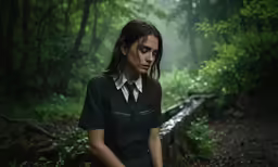 a woman with long dark hair is standing in a forest with a forest path behind her