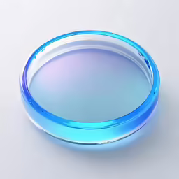 a round plastic plate with blue metallic foil and a white background