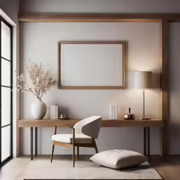 an empty photo frame hangs on a wall above a desk and chair