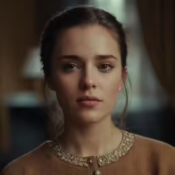 a beautiful woman in brown sweater standing and looking at the camera