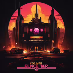 an alien city is seen in this animated art,an old poster of a futuristic city with the moon in the background