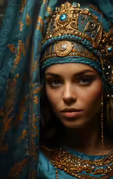 a woman wearing a blue turban and ornate jewelry