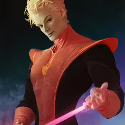 a girl holding a red light saber in her hands