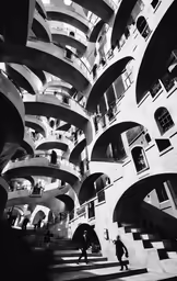 a man walking up a stairwell next to tall buildings