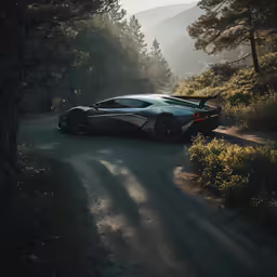 the black sports car is parked on the side of a road