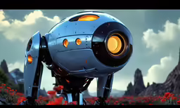 a robot with yellow eyes in front of mountains