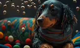 the dog is laying on the floor surrounded by toy balls