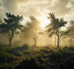 trees and grass in the sunlight on a cloudy day