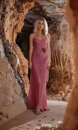 a beautiful woman in a dress stands in the desert