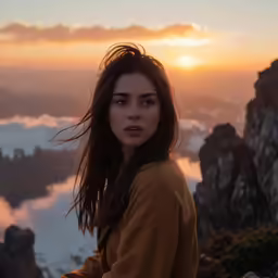 the woman is standing on the mountain looking up