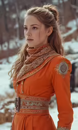 a young woman in an orange dress and scarf