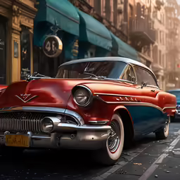 an old vintage car parked on the side of a street