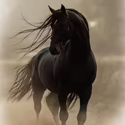 a black horse trotting through an open field