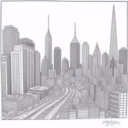 pencil drawing of a city skyline,black and white cityscape drawn in a pen,the skyline from a large city,an illustration with a train coming through city,the city in pencil on white paper