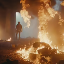 a person standing in front of flames at night