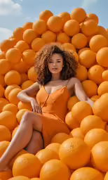 a woman is posing in an orange dress