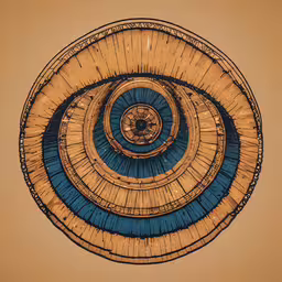 an intricate mirror in the center of a room,a blue and orange abstract pattern that looks like an eyeball