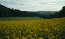 a beautiful field of yellow flowers with hills in the distance