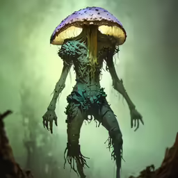 a humanoid is standing with a mushroom head
