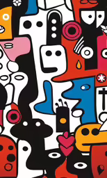 a multicolored abstract painting with faces in different colors