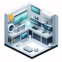 a home computer room with two computers and several other electronics