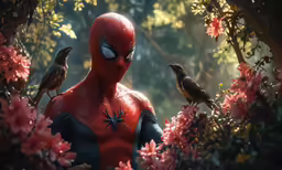 a person with red makeup wearing a dead deadpool outfit stands in a forest