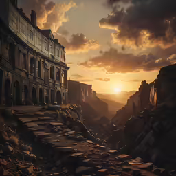 the sun sets over an ancient building, with some stairs going up to it
