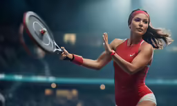 the woman is playing tennis while wearing a red top