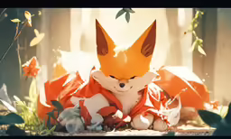 a fox sculpture sits on the ground surrounded by flowers and foliage