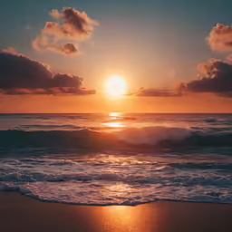 the sun is setting over the ocean with a wave coming up